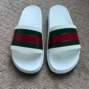 GUCCI Men's Web Slide Sandals in White Rubber US10